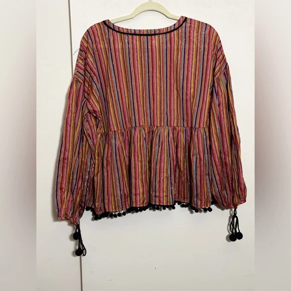 Amaryllis Womens Striped Tassle Pom Pom Boho Colorful CottonTop Size M NWOT - Picture 2 of 8
